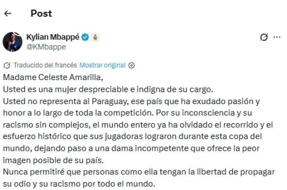 La senadora de Paraguay que publicó comentarios racistas de Mbappé le exigió al futbolista que se disculpe.