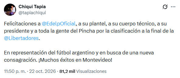 El posteo del presidente de la AFA luego de la clasificación del Pincha
