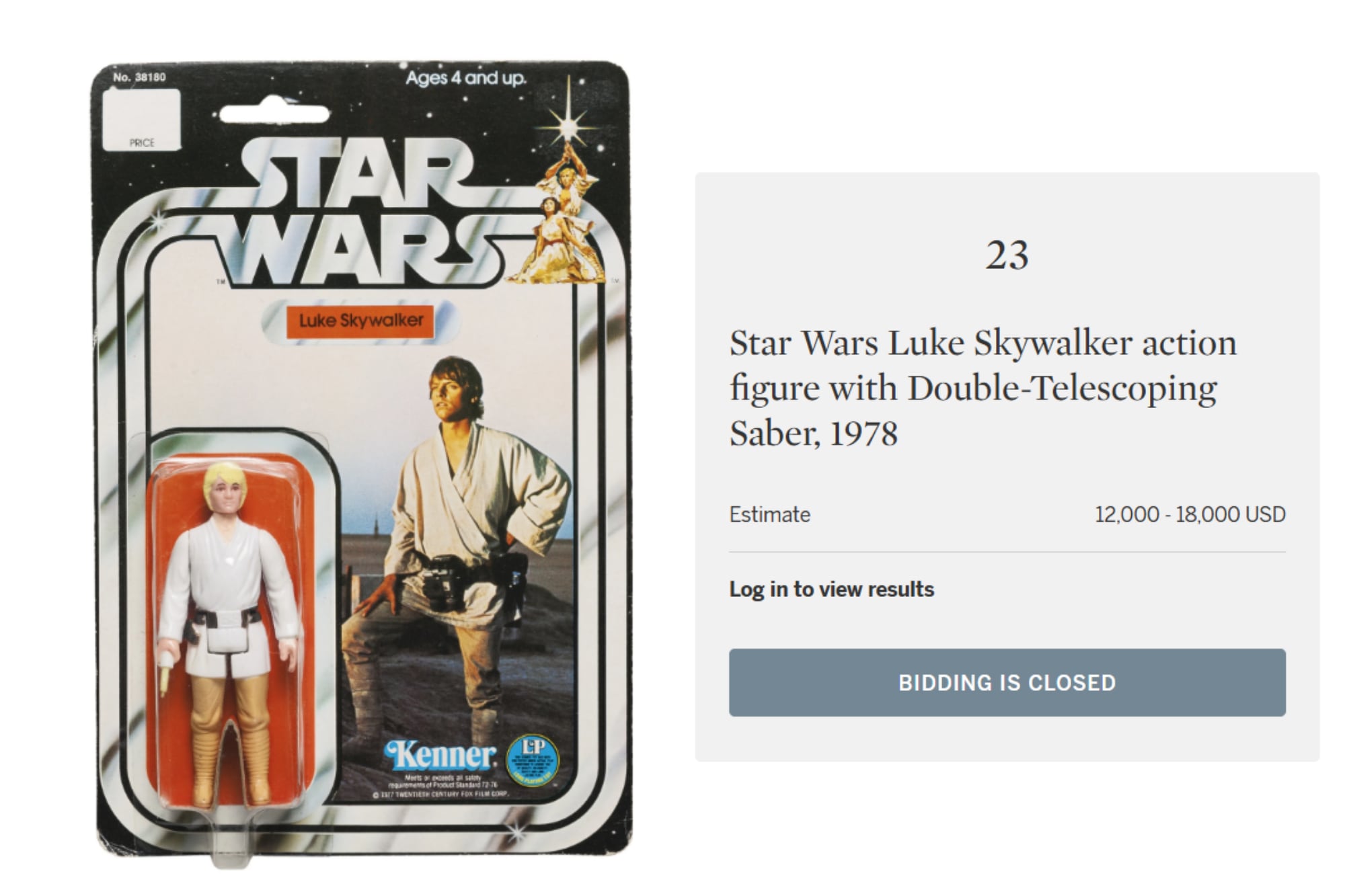 Luke Skywalker (1978): una figura de acción de Star Wars en su empaque original, con sable de doble telescopía, puede alcanzar un valor de entre US$12.000 y US$18.000