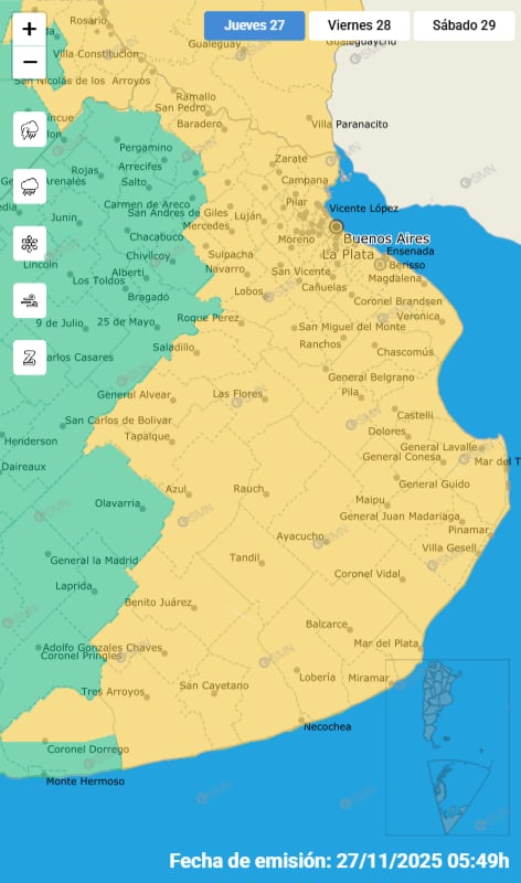 Las zonas de Buenos Aires que serán afectadas por la alerta amarilla.