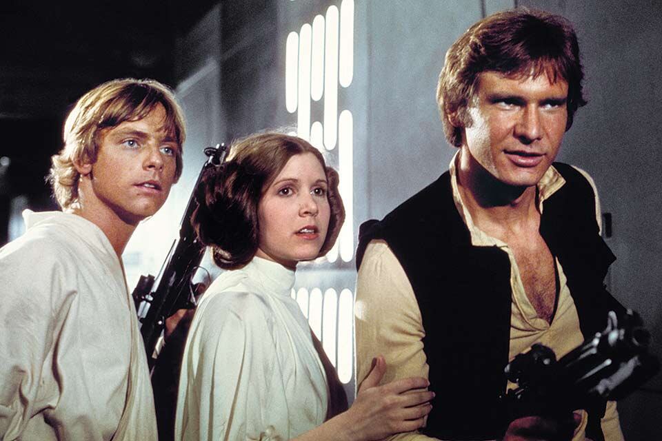Harrison Ford con Carrie Fisher y Mark Hamill en la Star Wars original, en el rodaje de 1979