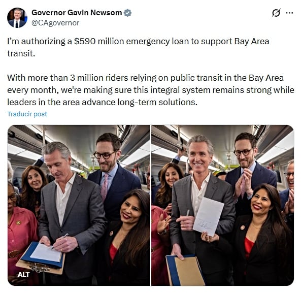 El gobernador Newsom autorizó un préstamo de 590 millones de dólares para apoyar el transporte público del Área de la Bahía.