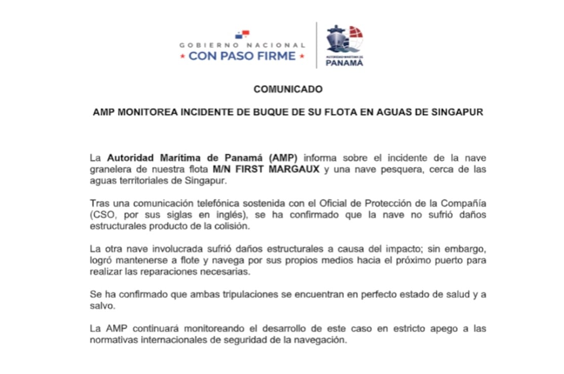 La Autoridad Marítima de Panamá (AMP) emitió un comunicado en el que abordó lo ocurrido en aguas cercanas a Singapur