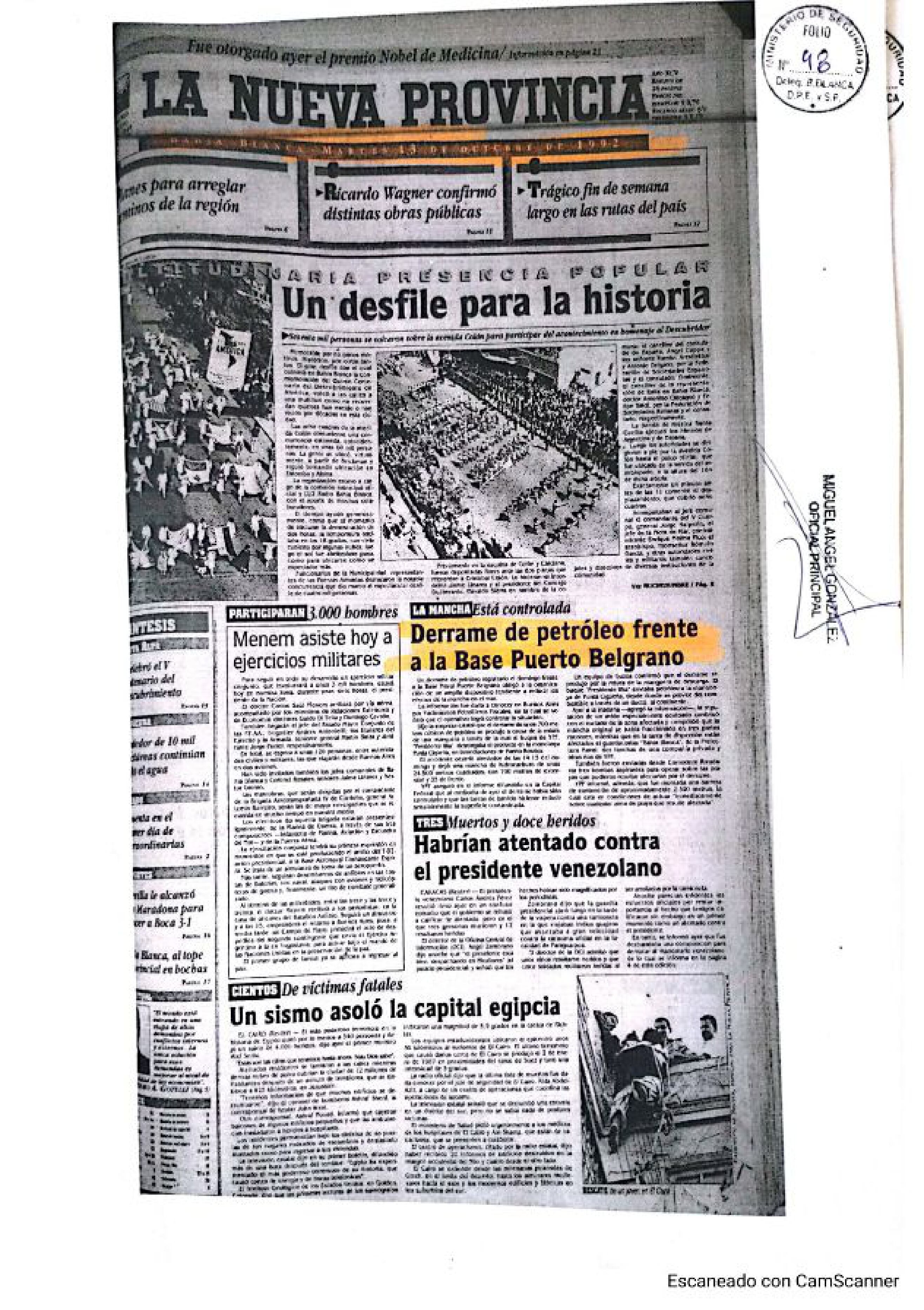 Recorte del diario La Provincia sobre un derrame petrolero de YPF de 1993 en Puerto Coronel Rosales, provincia de Buenos Aires