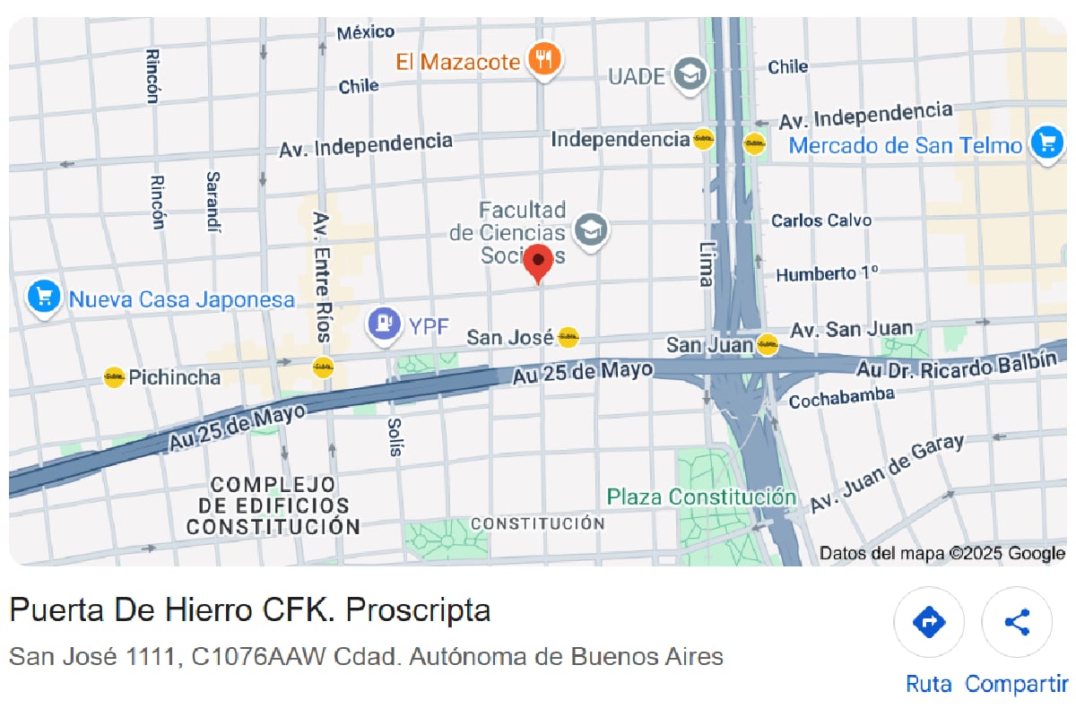 El domicilio de Cristina Kirchner actualmente aparece así en Google Maps