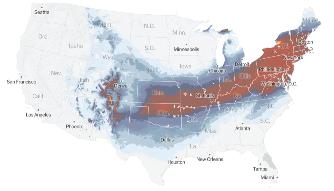 Más de 160 millones de personas están en la trayectoria de la tormenta que barrerá Estados Unidos. Pronóstico válido desde el 23 de enero hasta el 26 de enero (Publicado por The New York Times)