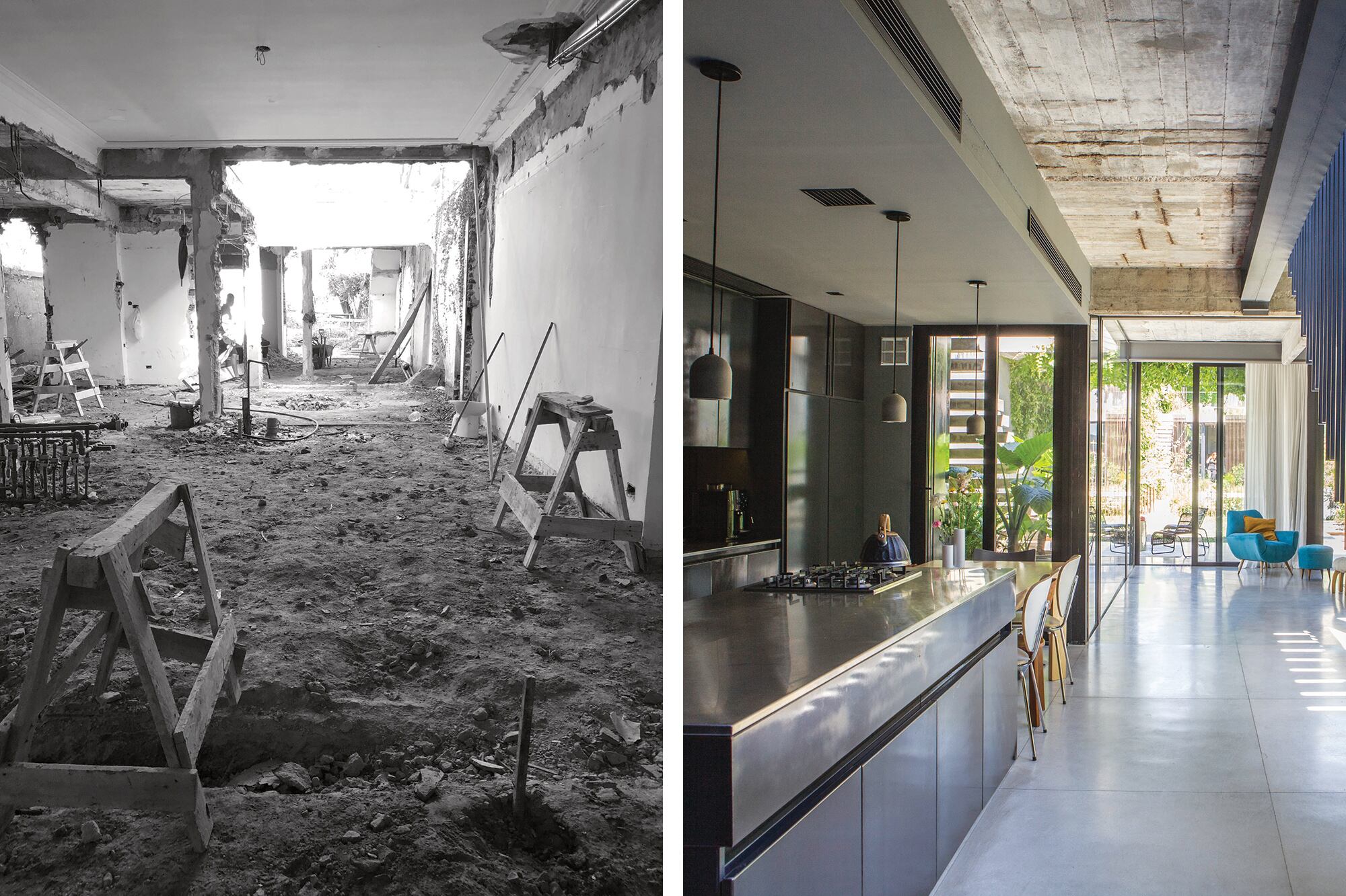 El cielo raso se descascaró para dejar a la vista la losa existente, que fue reforzada con perfiles metálicos.