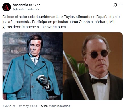 Murió el actor Jack Taylor a los 99 años (Foto: X @Academicadecine)