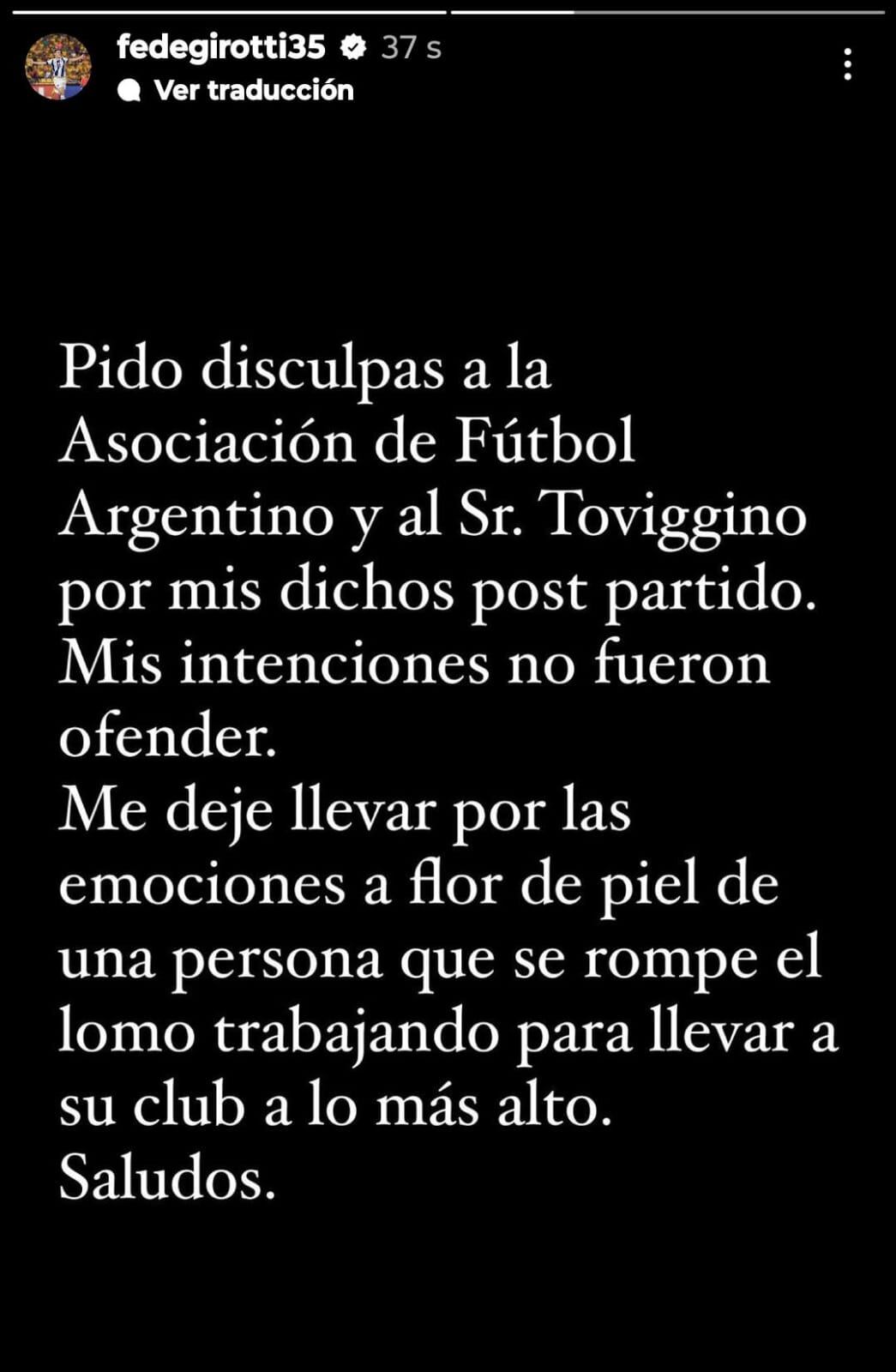 Las disculpas de Federico Girotti tras sus declaraciones contra la AFA luego del partido entre Talleres e Independiente