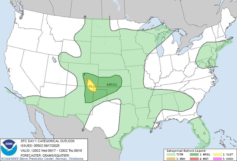 Las Llanuras del norte y centro enfrentarán tiempo inestable con tormentas eléctricas severas, vinculadas a un sistema de baja presión que avanza desde las Montañas Rocosas