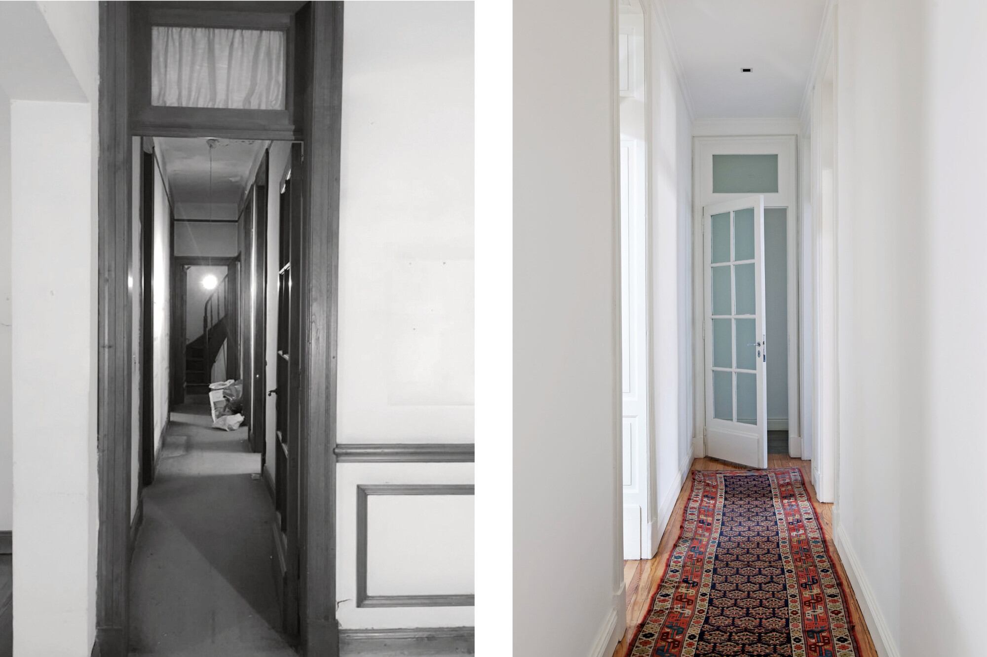 La protagonista del pasillo es ahora una alfombra kilim heredada.