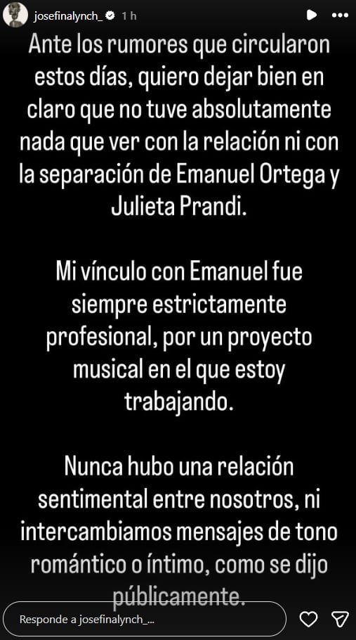El descargo de Josefina Lynch tras los señalamientos como tercera en discordia entre Julieta Prandi y Emanuel Ortega (Foto: Captura Instagram/@josefinalynch_)