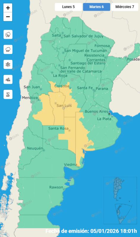Las alertas emitidas por el SMN para este martes 6 de enero