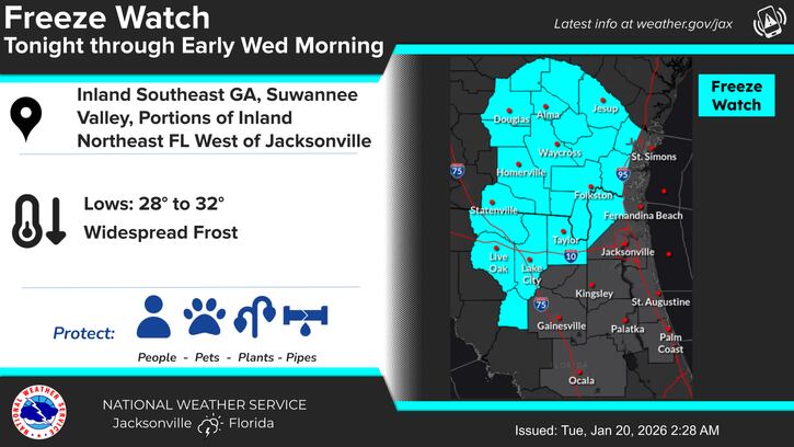 La oficina de Jacksonville mantiene alertas vigentes por heladas generalizadas en el interior del noreste de Florida y el sudeste de Georgia