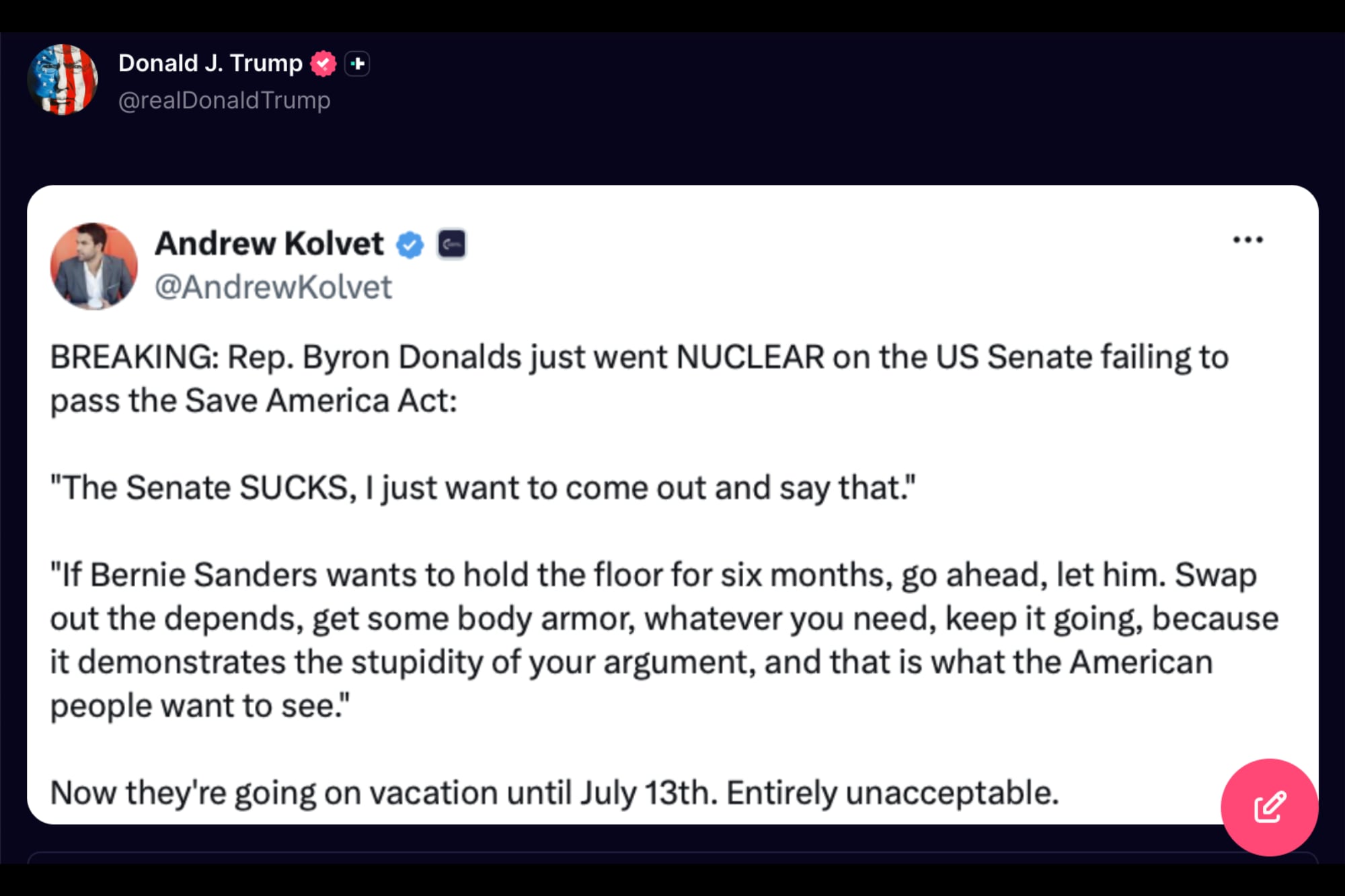Trump reposteó la publicación de Andrew Kolvet sobre las críticas de Byron Donalds