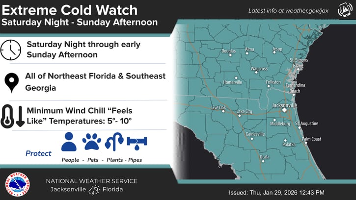 Se emitieron alertas de frío extremo desde la noche del sábado hasta la tarde del domingo en gran parte de Florida, en lugares como Jacksonville