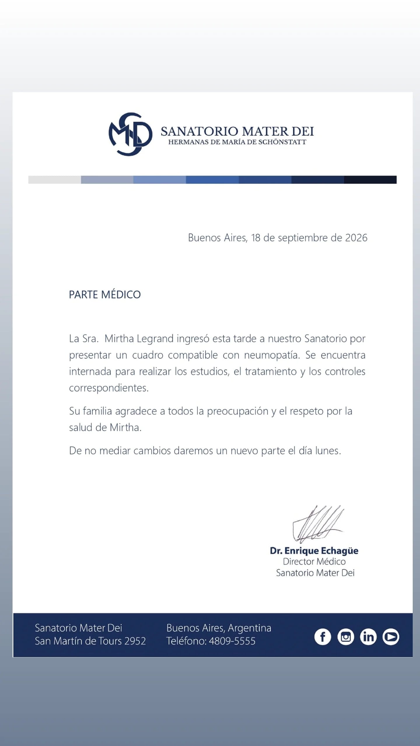 El parte médico de Mirtha Legrand tras su nueva internación en el sanatorio Mater Dei