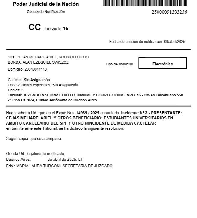Resolución del Juzgado Nacional en lo Criminal y Correccional N° 16 que establece que los centros de estudiantes en la unidades penitenciarias deberán permanecer abiertos.