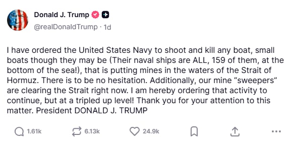 Trump ordenó disparar y matar a cualquier embarcación que esté colocando minas en las aguas del estrecho de Ormuz