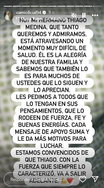 El conmovedor pedido de Camila, hermana de Thiago Medina tras conocer el parte médico