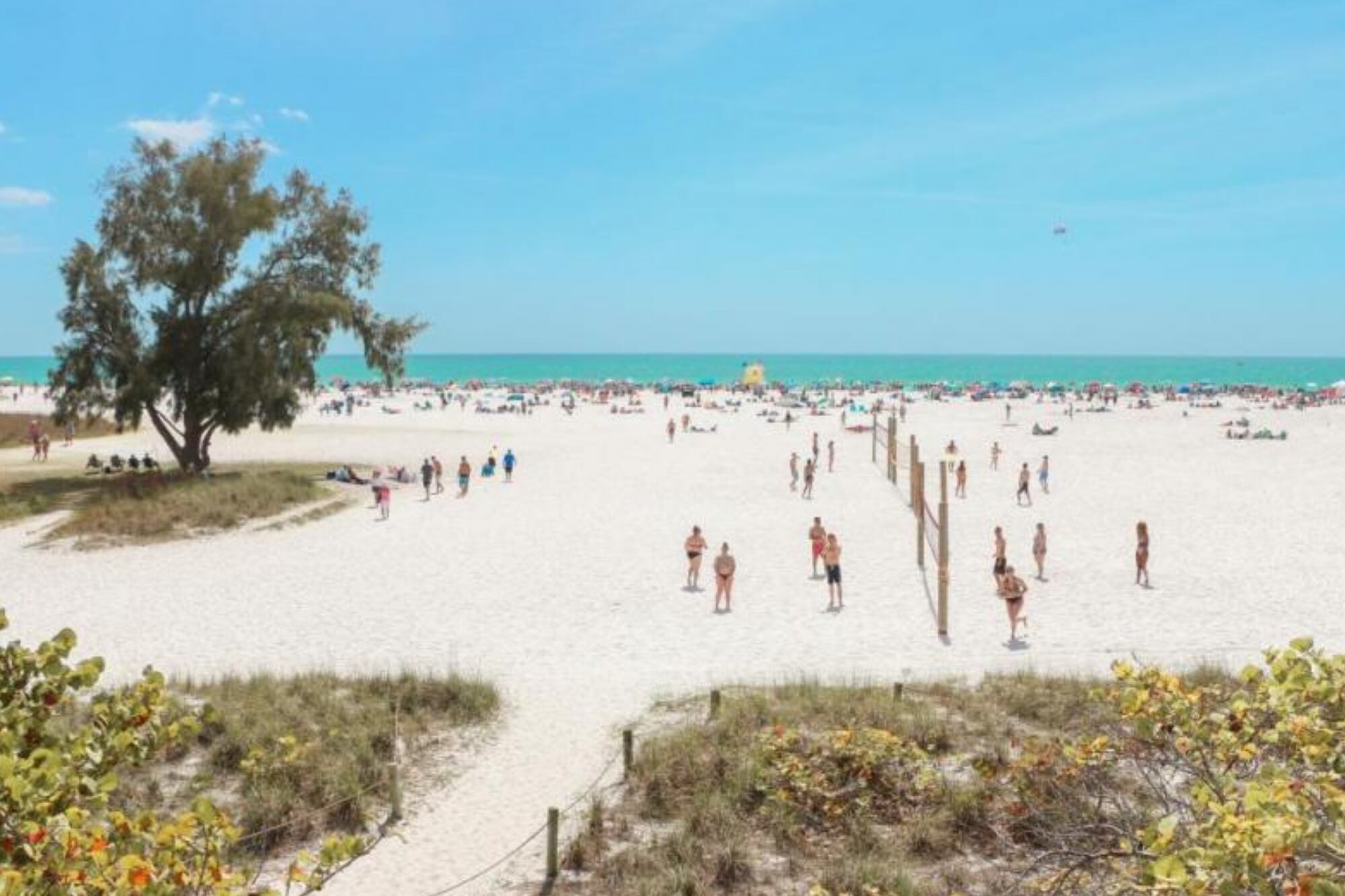 El amplio pabellón de arena blanca Siesta Beach permite todo tipo de diversión al aire libre