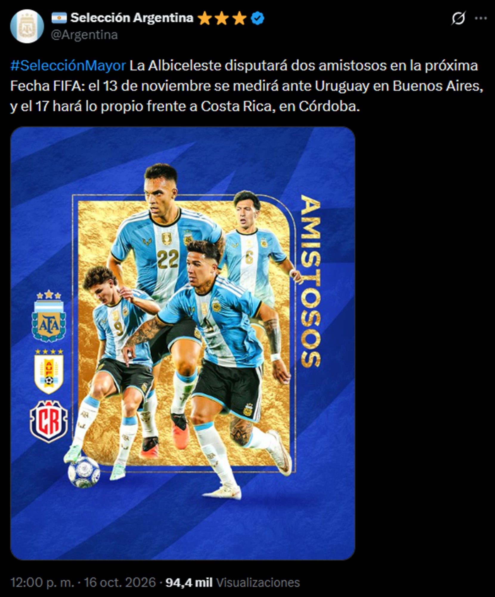 Dibu Martínez: la primera foto que compartió tras la operación, una visita inesperada y el mensaje de Mandinha 9 La selección argentina jugará ambos amistosos en nuestro país, en Buenos Aires y Córdoba