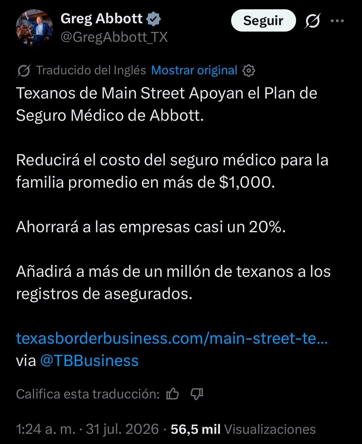 Confirmado por Abbott en Texas: “Reducirá el costo del seguro médico para la familia promedio en más de US$1.000” 6 Greg Abbott aseguró que su nuevo plan permitirá reducir en más de US$1000 al año el costo del seguro médico para una familia promedio en Texas