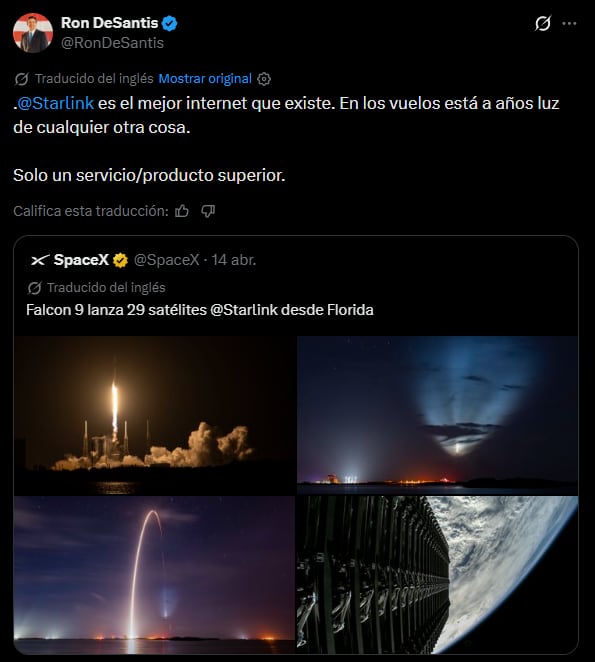 Ron DeSantis celebró el lanzamiento de 24 satélites Starlink desde Florida