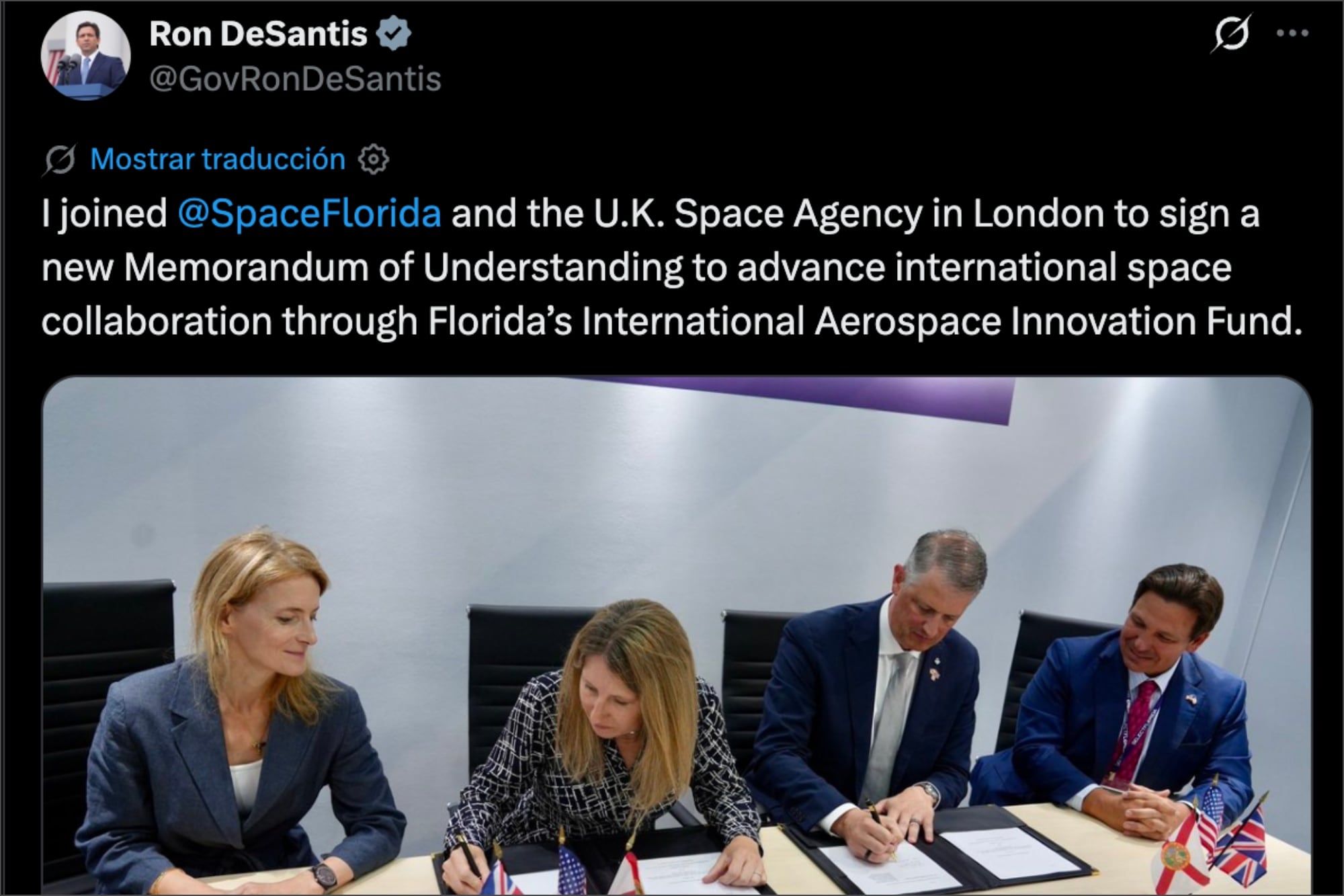 El gobernador DeSantis confirmó el primer acuerdo binacional bajo el Fondo Internacional de Innovación Aeroespacial de Florida