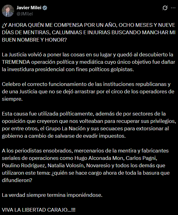 El posteo de Milei sobre su sobreseimiento en la causa $LIBRA