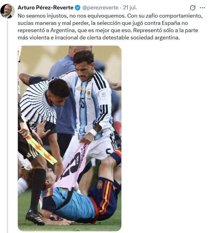 Pérez-Reverte, sin filtros, atacó a la selección argentina