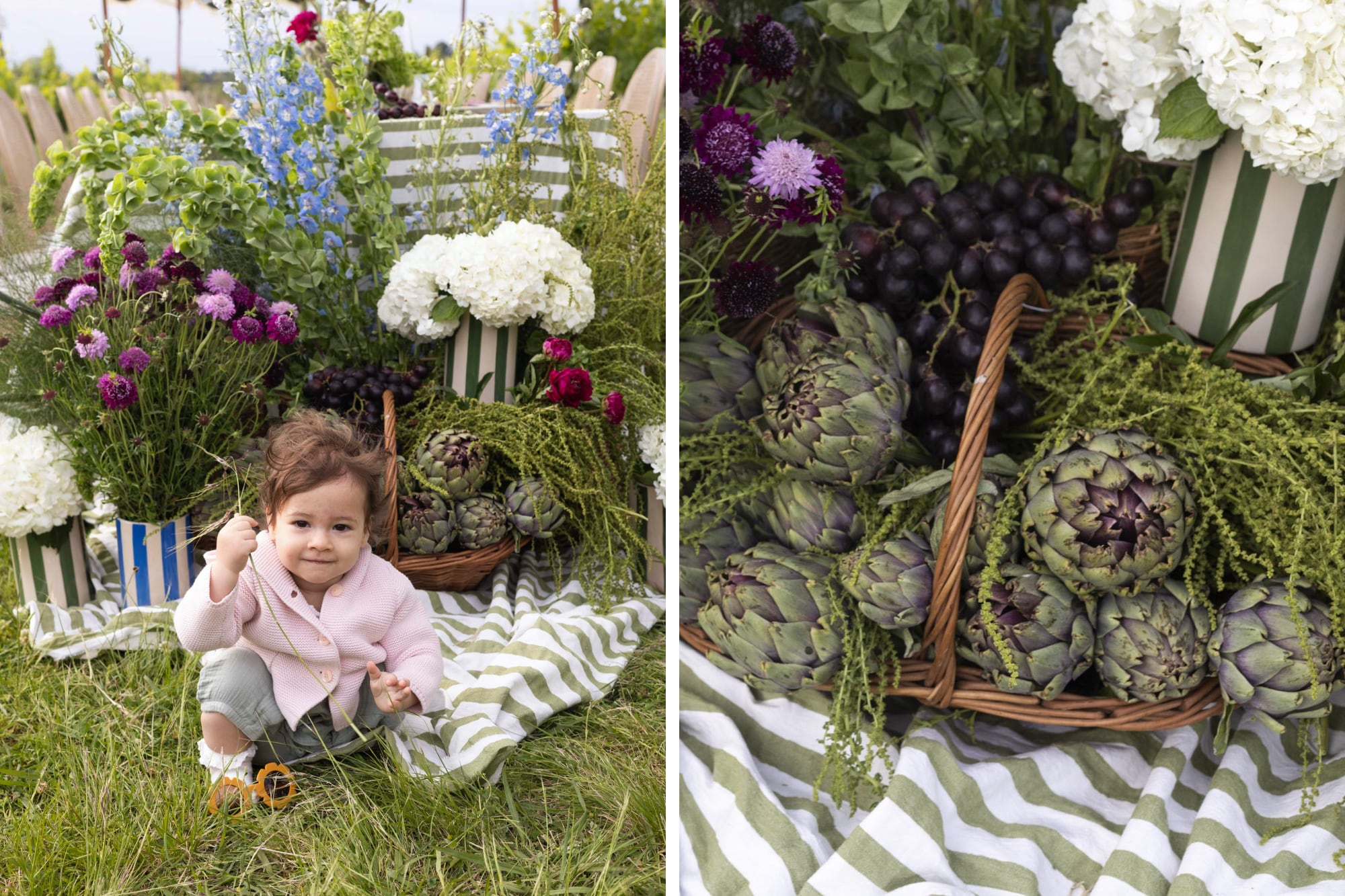 Margarita, la hija de Lucila y Daniel. Para acompañar: acelga, delphiniums azules, hortensias y molucellas que aportan frescura y color.