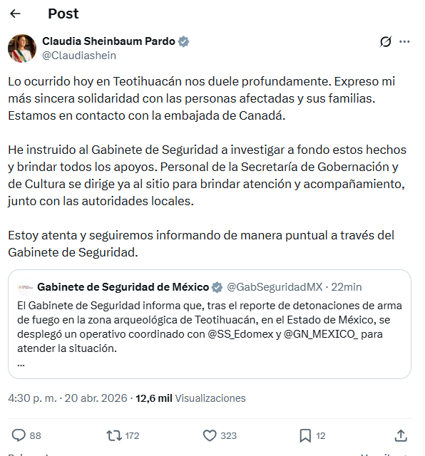 El posteo en X de la presidente de México sobre el tiroteo