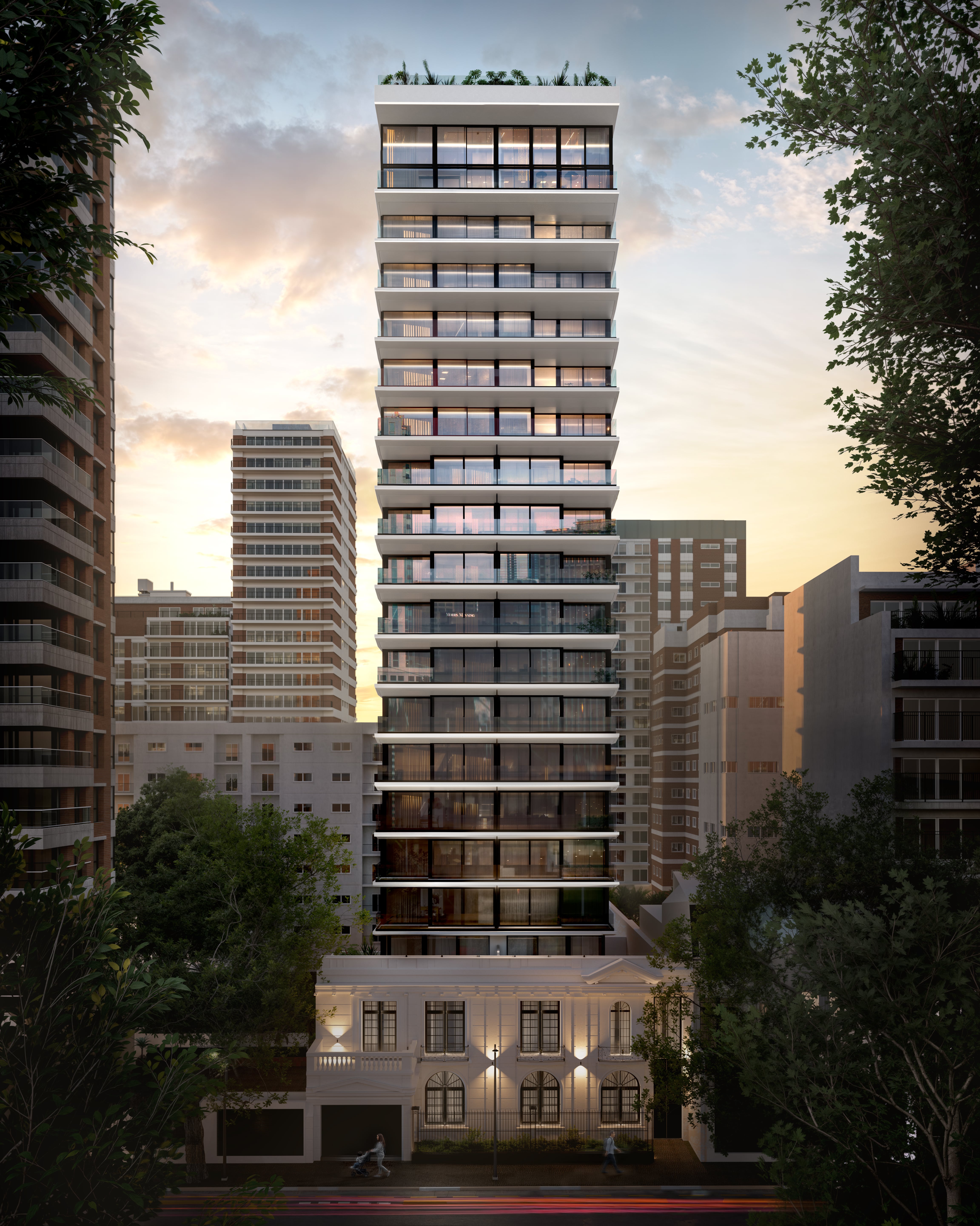 Se levanta sobre una histórica mansión neoclásica, que dialoga arquitectónicamente con un edificio contemporáneo