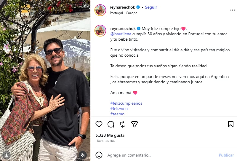 El posteo de Reina Reech por el cumpleaños número 30 de su hijo Bautista (Foto: Instagram @reynareechok)