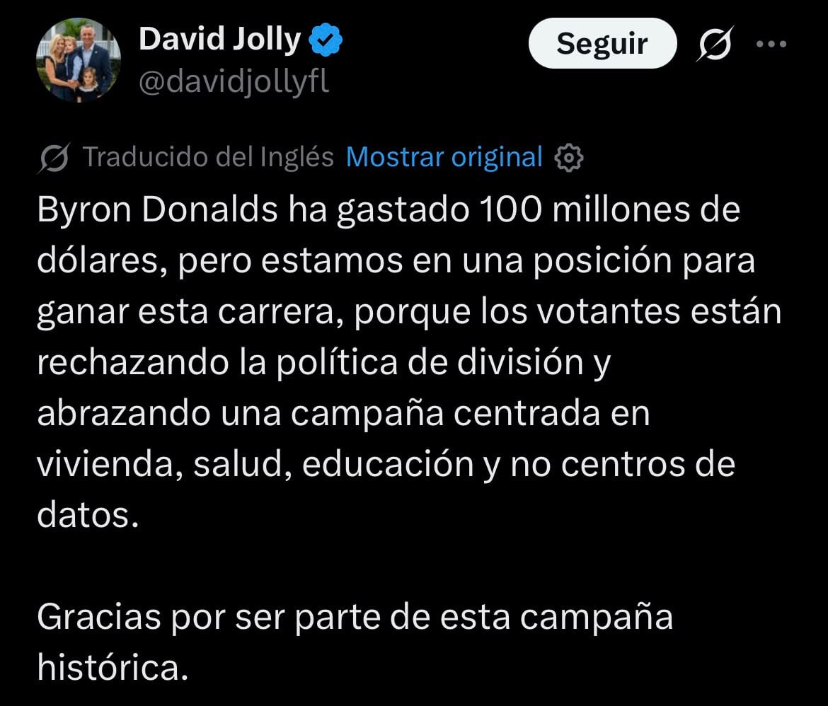 David Jolly, candidato a gobernador en Florida: “Estamos en posición de ganar esta carrera” 6 David Jolly aseguró que está en condiciones de ganar la gobernación de Florida frente a Byron Donalds
