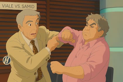 La pelea televisiva de Mauro Viale y Alberto Samid, pero como viñeta de dibujo animado con estilo Ghibli, según ChatGPT