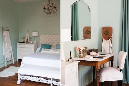 A la banqueta barroca a los pies de la cama le cosió una funda para taparle el rojo original y completó el outfit del dormitorio con una alfombra símil corderito ($520, DecoMarce)