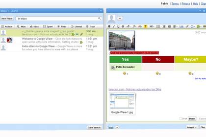 A la derecha de la captura de pantalla se puede ver un nuevo Wave con una imagen del buscador, otra del disco rígido, links y una aplicación similar a una encuesta