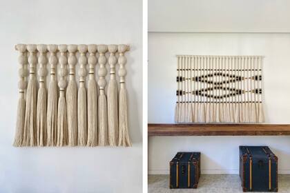 A la derecha: tapiz de hilo de algodón embarrilado con triple volumen de base con motivo estilizado de guarda pampa. Identidad nacional.