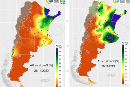 A la izquierda, agua útil en el perfil del suelo el 28 de noviembre de 2023; a la derecha, la situación al 28 de noviembre de 2024