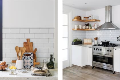 Izquierda: canasto para huevos (Valsen), tablas y cucharas de madera (Lapacho Casa) en jarrón (Philippa Deco Boutique), platos (Ceylan), cubiertos (Philippa Deco Boutique). A la derecha, atril para libros (Ewûa Deco), maceta con aromáticas (greenart.arg), cocina industrial (Cook Food Argentina).