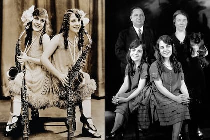 A la izquierda: Daisy y Violet con el saxofón, uno de los instrumentos que aprendieron a tocar. A la derecha: con los Meyers