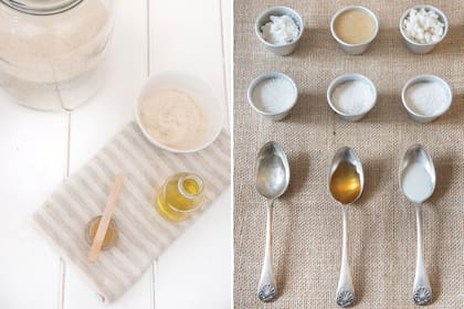 A la izquierda, el exfoliante para labios. Al lado, las tres recetas para el rostro, de Izq. a Der: la de gel de aloe, miel y leche de almendras.