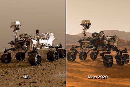 A la izquierda, el rover Curiosity, que recorre Marte hace casi una década; a la derecha, la versión evolucionada que despegará a mediados de 2020