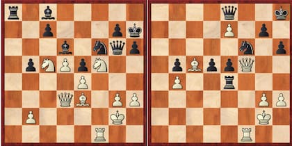 A la izquierda, el tablero hasta la jugada 36, cuando la partida es idéntica a la de Ivanchuk y Wolff; en la vida real, el ucranio avanzó su peón de la columna g; en la serie, Harmon optó por Ce6; a la derecha, tras el error de Borgov con 44... De8, siguió con 45.Df5 Rh8 y un desenlace inevitable
