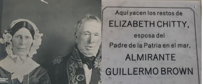 A la izquierda, Guillermo Brown junto a su esposa Elizabeth Chitty, c.1855; a la derecha, la placa que hoy se encuentra en la Plaza Primero de Mayo