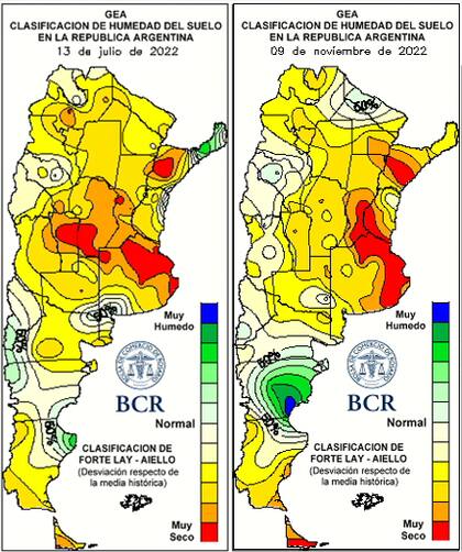 A la izquierda, humedad en el suelo en julio pasado; a la derecha, la misma condición pero para noviembre