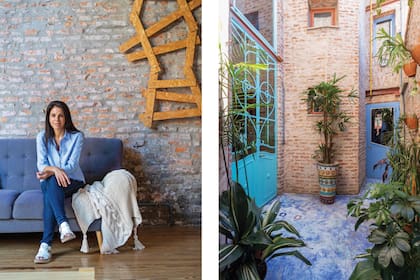 A la izquierda, la Arq. Silvia Soqueff. A la derecha, el patio lateral. Para conseguir este efecto en el cemento alisado se le espolvoreó ferrite azul argentino y ferrite azul uruguayo.