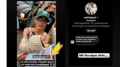 A la izquierda, la historia que compartió Osvaldo Ibañez en su cuenta personal de Instagram junto a Tini Stoessel y a la derecha, la supuesta respuesta de Rodrigo De Paul